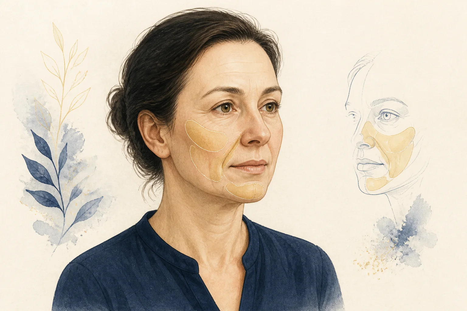 Ilustração educativa do rosto adulto com destaques suaves em regiões faciais, sem pontos de injeção ou resultado