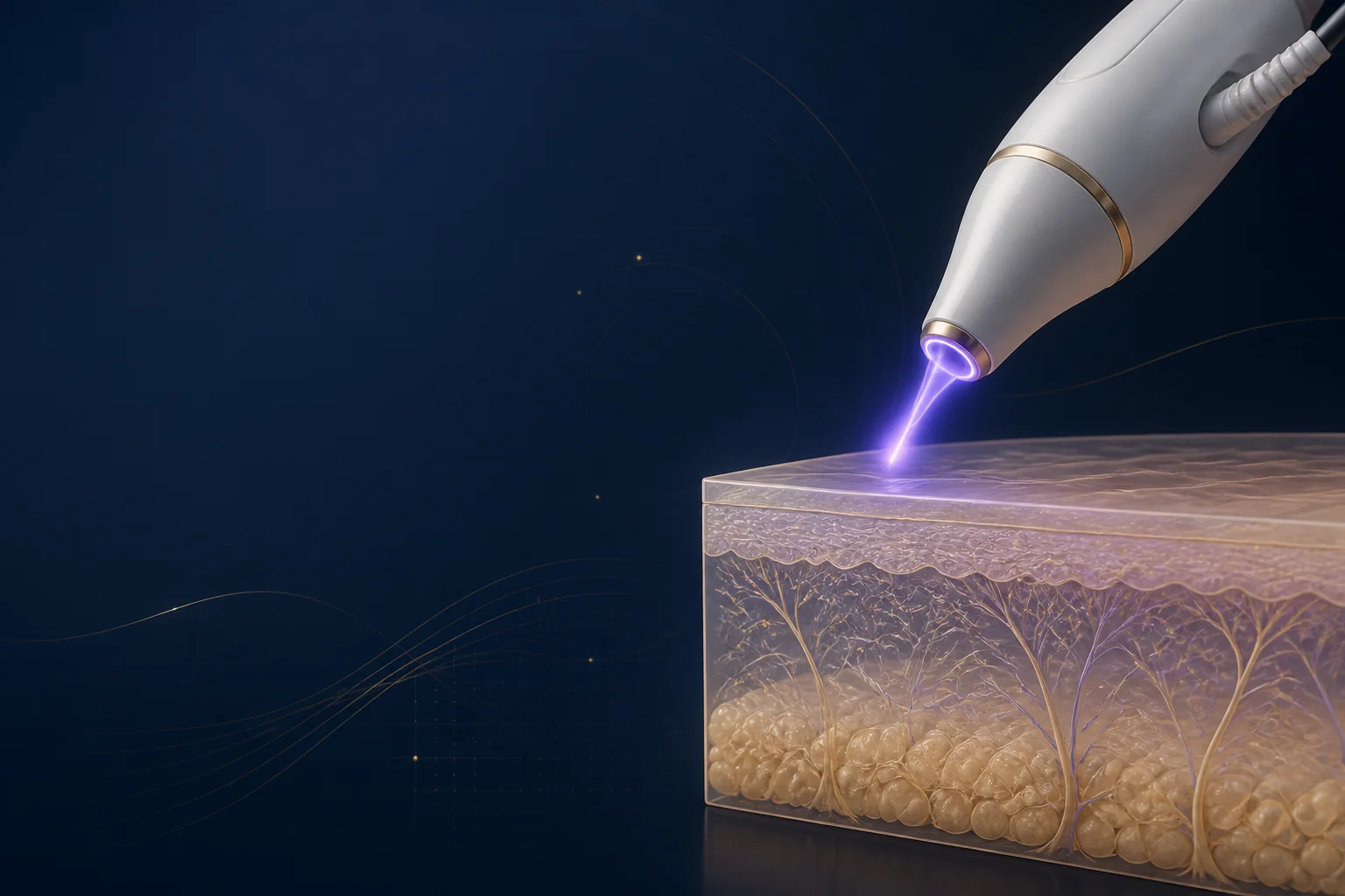 Ilustração conceitual de ponteira eletrocirúrgica e plasma de argônio próximo a uma representação da pele, sem paciente ou resultado