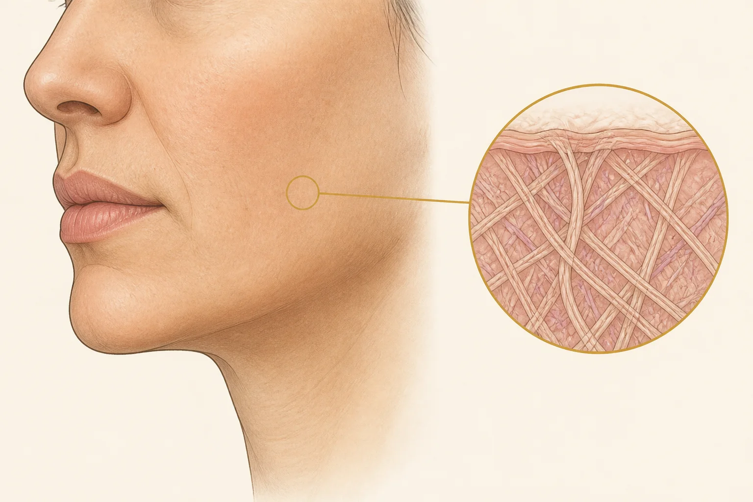 Ilustração da pele da face e representação conceitual de sua estrutura, sem sugerir produção garantida de colágeno