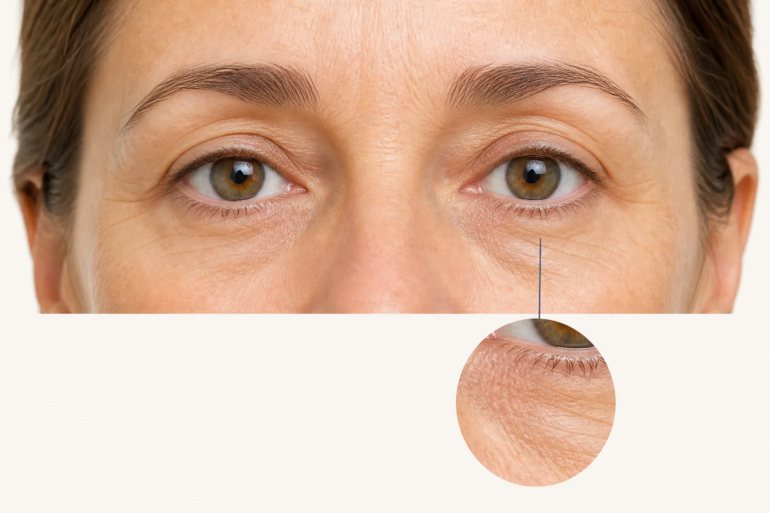 Ilustração ampliada da região dos olhos, com pálpebras superiores e inferiores em destaque e detalhes da mesma anatomia