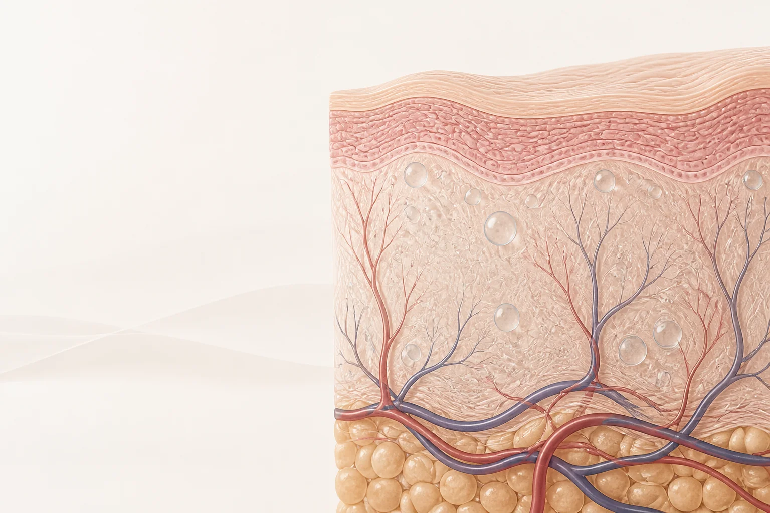 Ilustração conceitual das camadas da pele, vasos e pequenas bolhas no tecido, sem agulha ou resultado