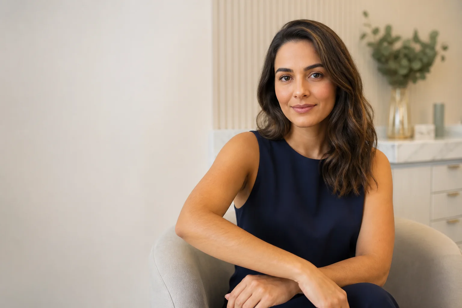 Mulher adulta fictícia, bem cuidada e vestida, com antebraço naturalmente visível para representar a região avaliada na depilação a laser