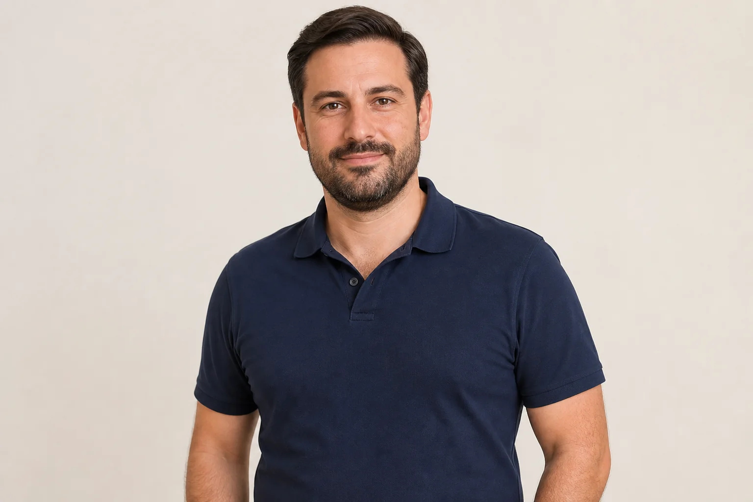 Homem adulto fictício, bem cuidado e vestido, com volume peitoral natural, sem exposição íntima ou simulação de resultado