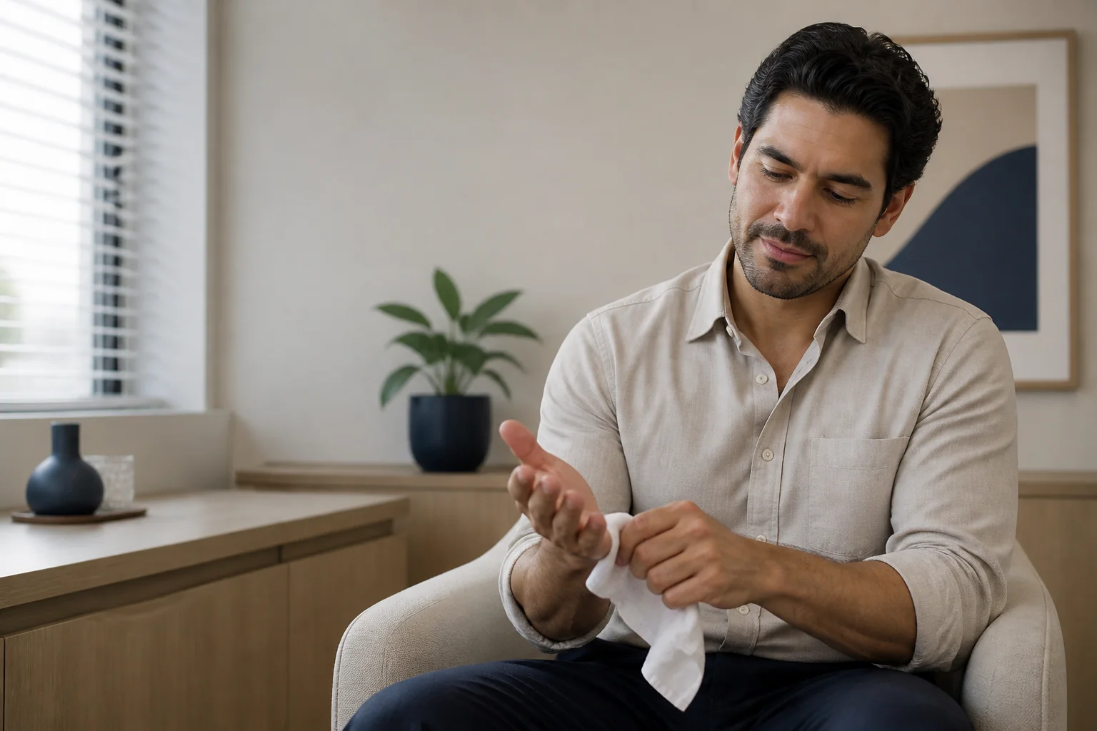Homem adulto fictício secando uma das mãos com lenço, representando sudorese de forma discreta e respeitosa