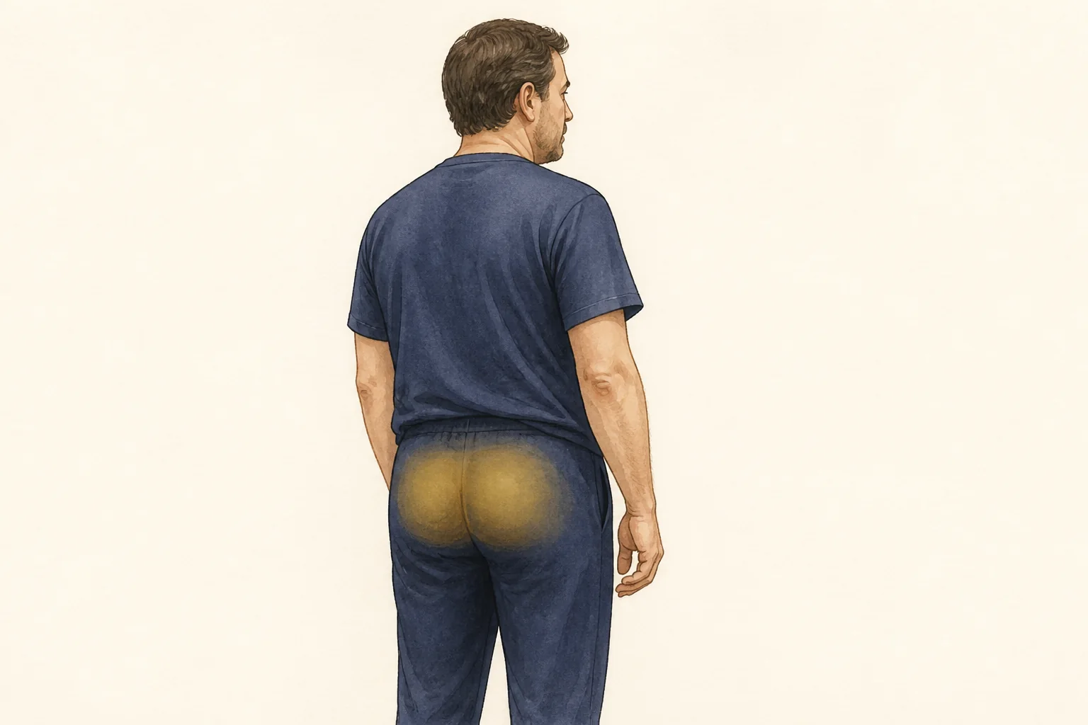 Ilustração educativa em vista posterior de pessoa adulta inteiramente vestida, com destaque suave na região glútea