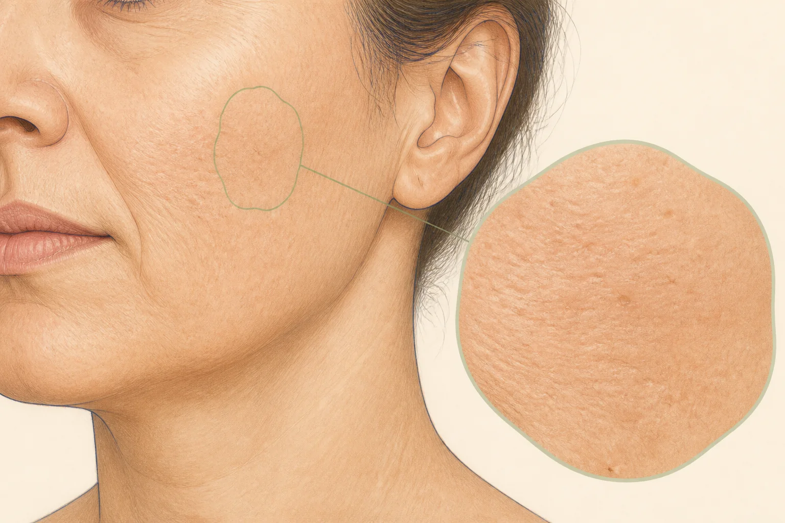 Ilustração ampliada de textura cutânea e seu contexto facial, sem demonstrar pele renovada como resultado