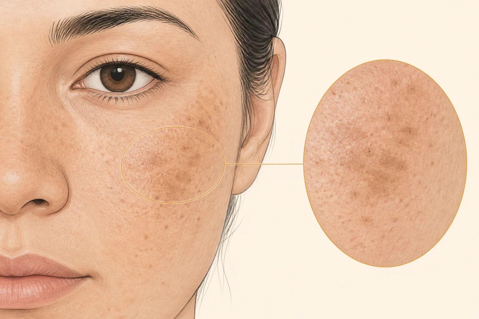 Ilustração de uma área facial com pigmentação e detalhe ampliado da mesma região, sem clareamento simulado