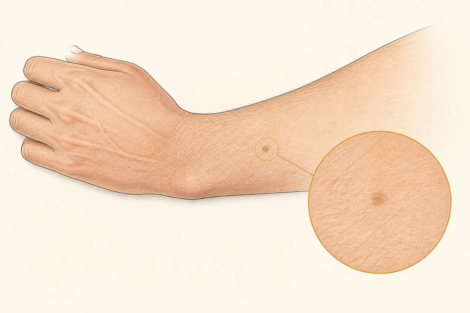 Ilustração de uma pequena alteração cutânea não diagnóstica, sem sugerir benignidade ou malignidade