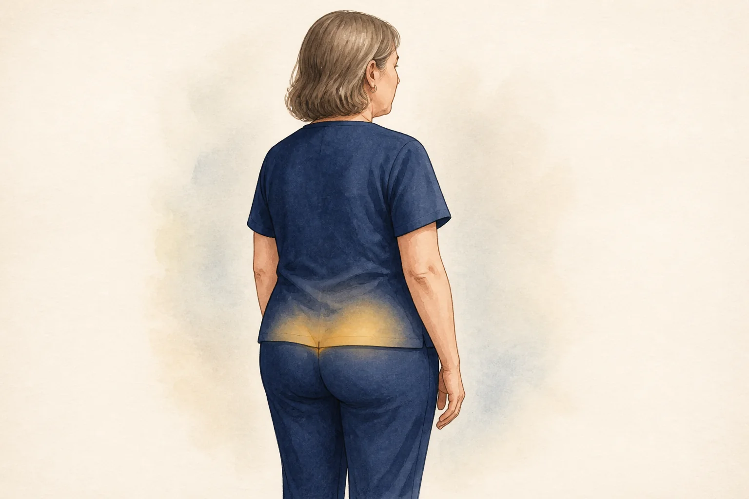 Ilustração educativa em vista posterior de pessoa adulta inteiramente vestida, com destaque suave na pele acima da região glútea