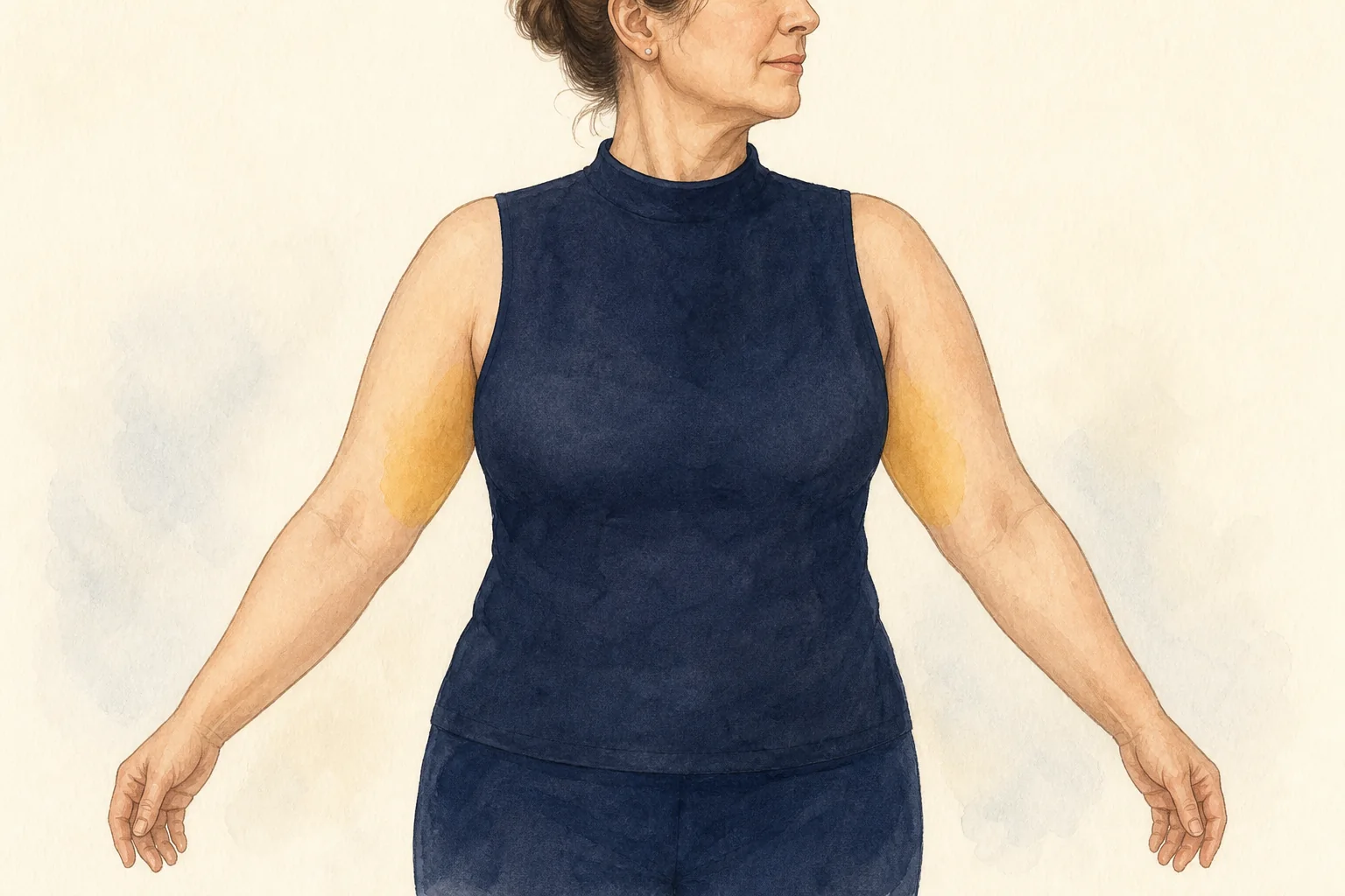 Ilustração educativa de pessoa adulta vestida com destaque suave na parte superior dos braços, sem redução simulada