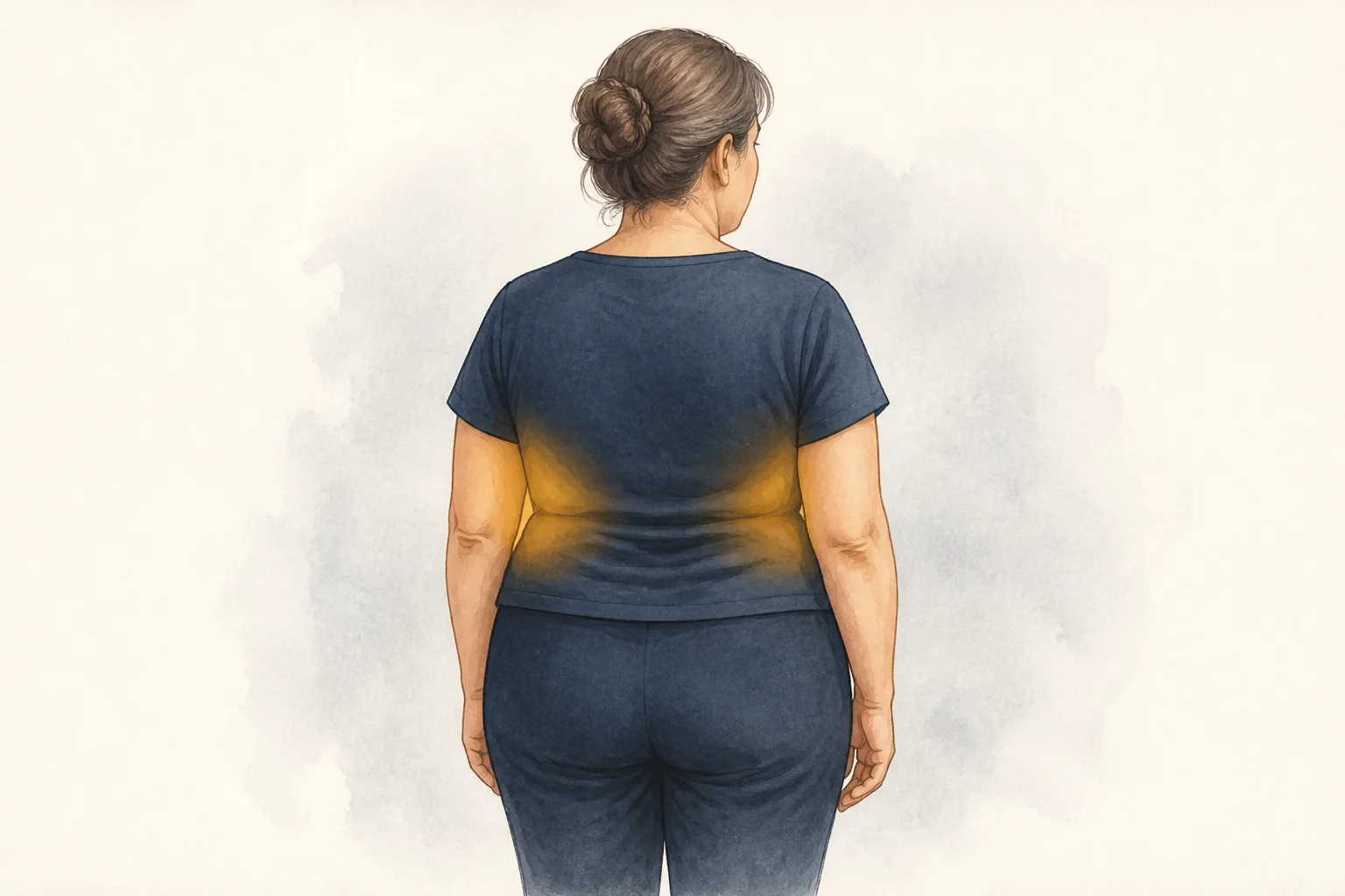 Ilustração educativa em vista posterior com destaque suave no dorso, sem demonstração de resultado