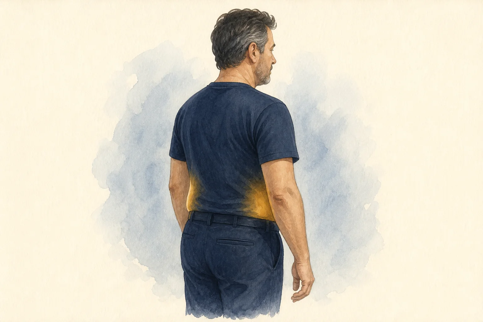 Ilustração educativa em três quartos com destaque suave nos flancos, sem cintura idealizada ou transformação corporal
