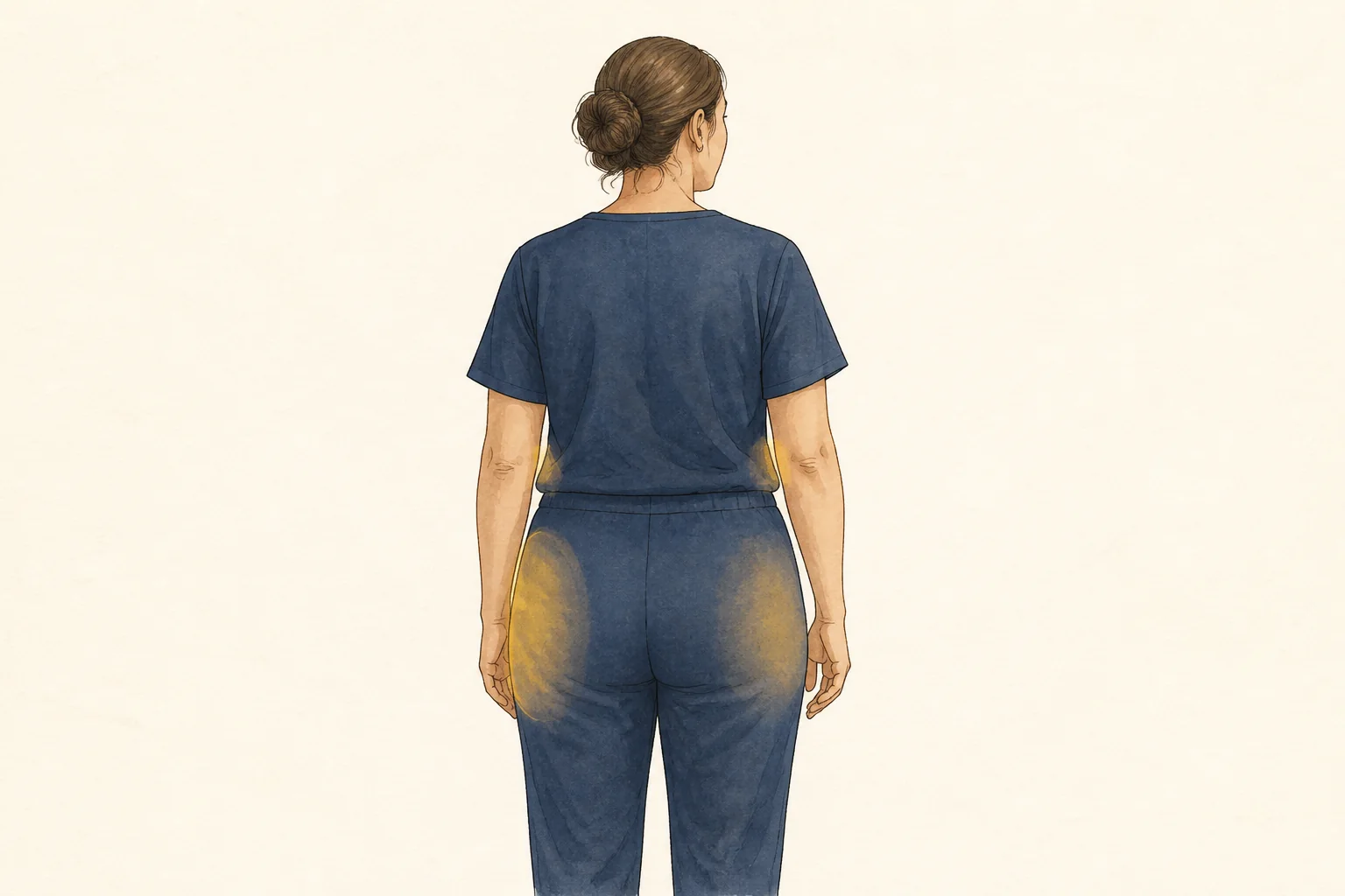 Ilustração educativa em três quartos de pessoa adulta inteiramente vestida, com destaque suave na região glútea e cintura