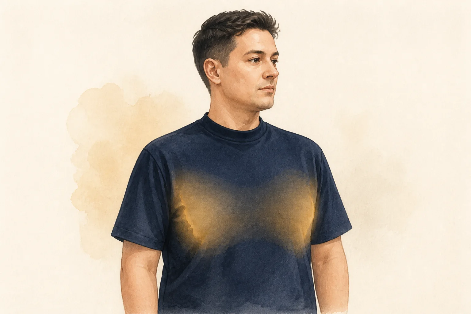 Ilustração respeitosa de pessoa adulta vestida, com destaque educativo no contorno torácico e sem exposição íntima