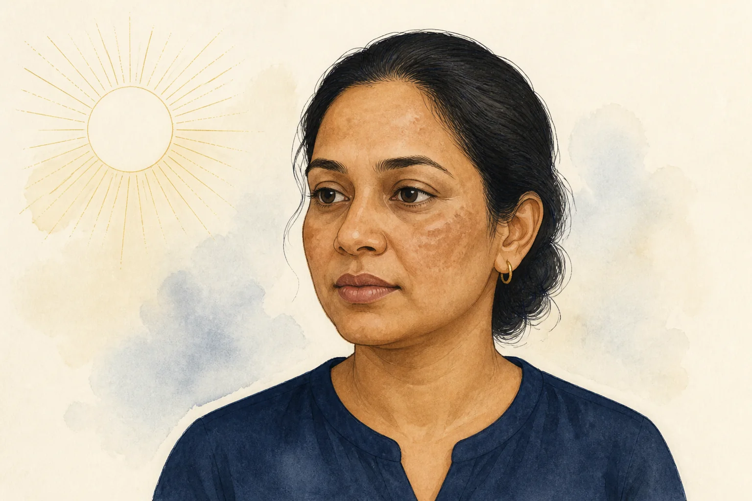 Ilustração educativa de mulher adulta com áreas de pigmentação facial compatíveis com o contexto do melasma, sem clareamento simulado