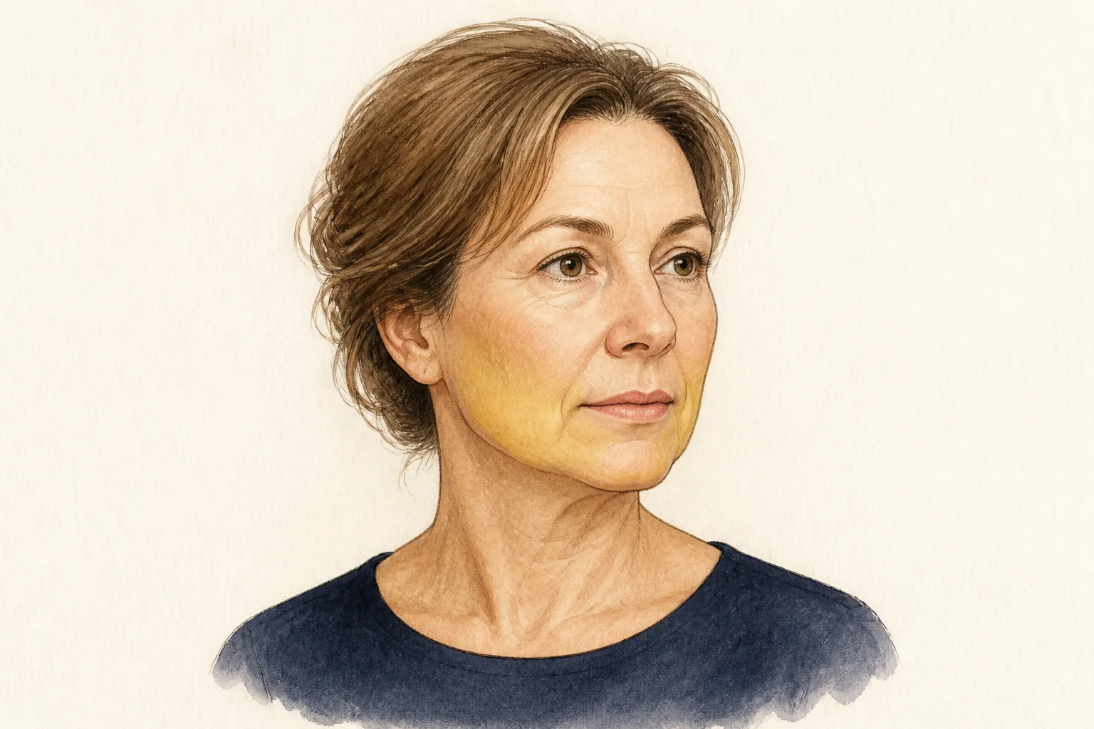 Ilustração educativa de mulher adulta com destaque suave para bochechas, linha mandibular e parte superior do pescoço
