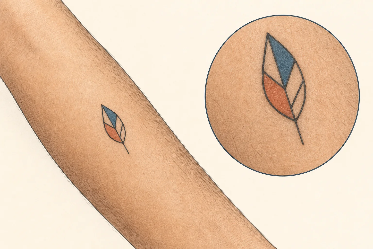 Ilustração de uma tatuagem fictícia no antebraço e detalhe dos mesmos pigmentos, sem mostrar remoção ou clareamento