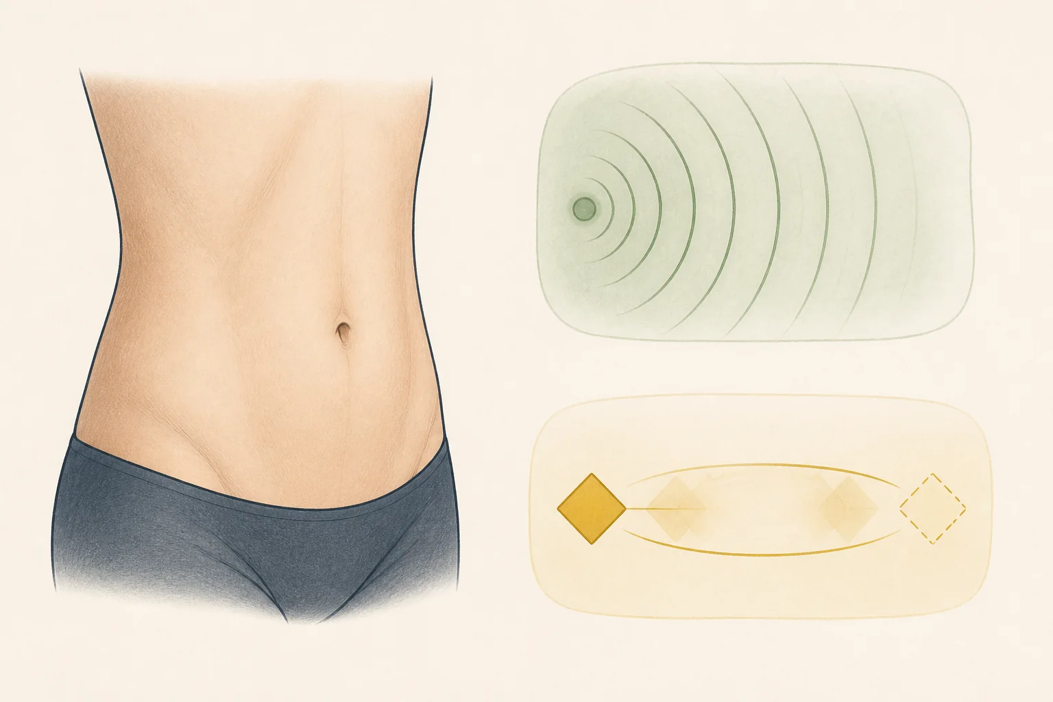 Ilustração conceitual de contorno corporal com referências distintas a ultrassom e movimento mecânico, sem instruções de cirurgia